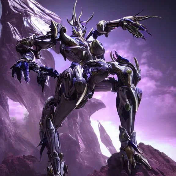 Image similar to extremely detailed front shot of a giant 1000 meter tall beautiful stunning saryn prime female warframe goddess, that's an anthropomorphic hot robot mecha female dragon, silver sharp streamlined armor, detailed head, sharp claws, glowing Purple LED eyes, sitting cutely in the background, rump on top of a mountain below her, a tiny forest with a village in the foreground, in front of her, fog rolling in, dragon art, warframe fanart, Destiny fanart, micro art, macro art, giantess art, fantasy, goddess art, furry art, furaffinity, high quality 3D realistic, DeviantArt, artstation, Eka's Portal, HD, depth of field