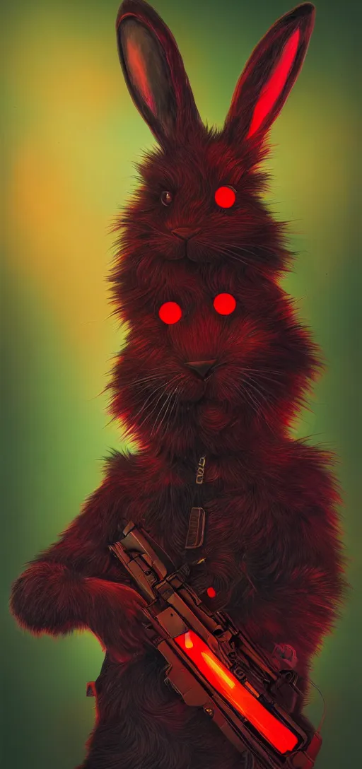 Image similar to portrait of neon fur rabbit with red eyes and a machine gun , 8k, highly detailed, sharp, realistic, in style of Brom