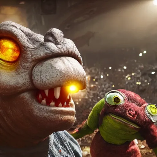 Image similar to mr. bean godzilla super mario pickle rick yoda donkey kong pikachu yeti shrek spongebob homer groot in gears of war, splash art, movie still, detailed face, photorealistic facial features, cinematic lighting, dramatic, octane render, long lens, shallow depth of field, bokeh, anamorphic lens flare, 8 k, hyper detailed, 3 5 mm film grain