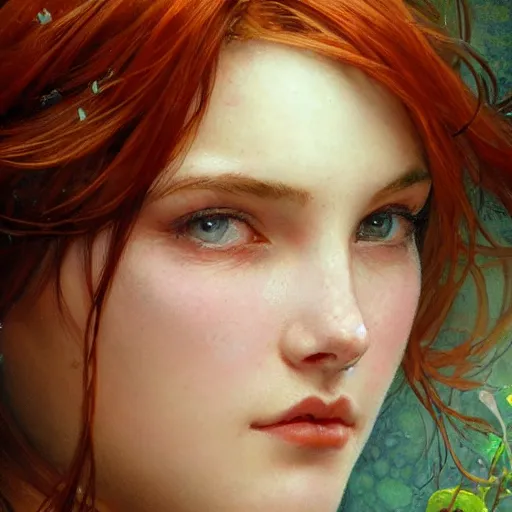 Prompt: highly detailed closeup portrait of beautiful woman with red hair, very detailed, realistic, card, by Stanley Artgerm Lau, greg rutkowski, thomas kindkade, alphonse mucha, loish, norman rockwell J.