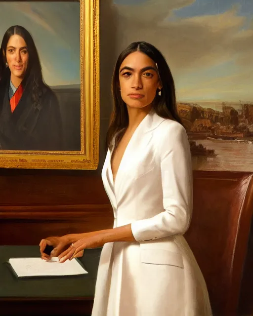 Image similar to close - up portrait of the united states president, alexandria ocasio - cortez, standing at the resolute desk, 2 0 2 4, painting, oil on canvas by william sidney mount, trending on artstation, national archives