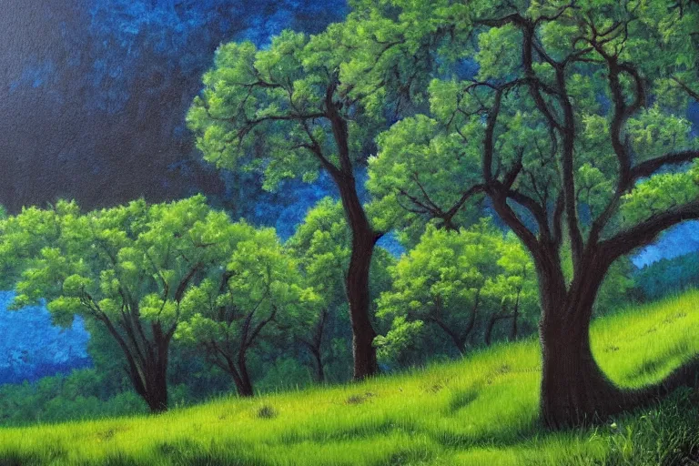 Image similar to masterpiece painting of oak trees on a hillside overlooking a creek, dramatic lighting, by jane graverol