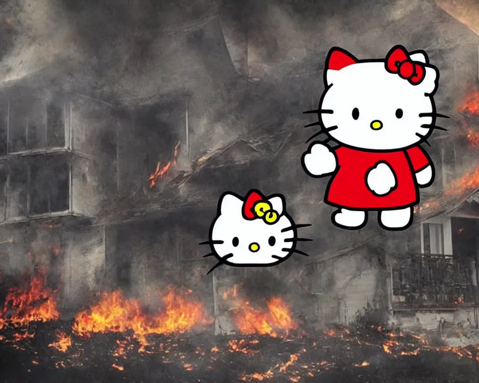 Image similar to a horror movie poster featuring Hello Kitty beside a burning house