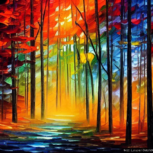 Prompt: the last sunset in the forest of dreams, by Leonid Afremov, 8k resolution, digital art, trending on art station