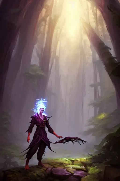 Prompt: a human elemental sorcerer, forest setting, colorful magic, male, white skin, young, sharp focus, concept art, dynamic lighting, unreal engine, by tyler edlin
