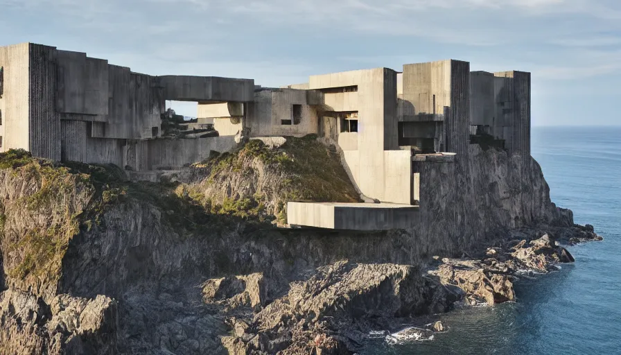 Prompt: brutalist base perched on a cliff overlooking a magnificient bay, brutalism architecture on cliffs, drawing architecture, pritzker architecture prize, cliffs crashing into the water below, cliffside, greig fraser
