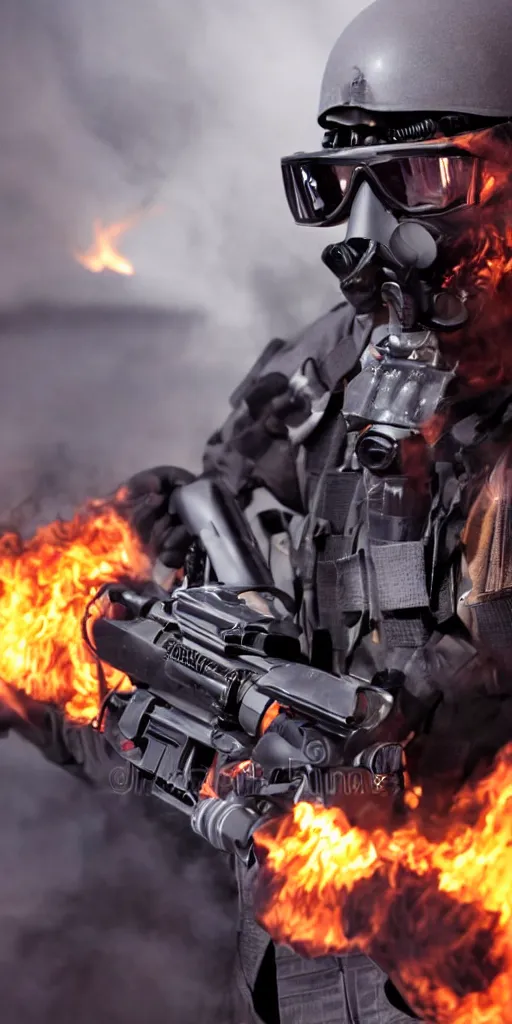 Image similar to portrait of a burning swat agent with a tactical helmet and goggles holding a machine gun, flames, at night, mid shot, editorial photography