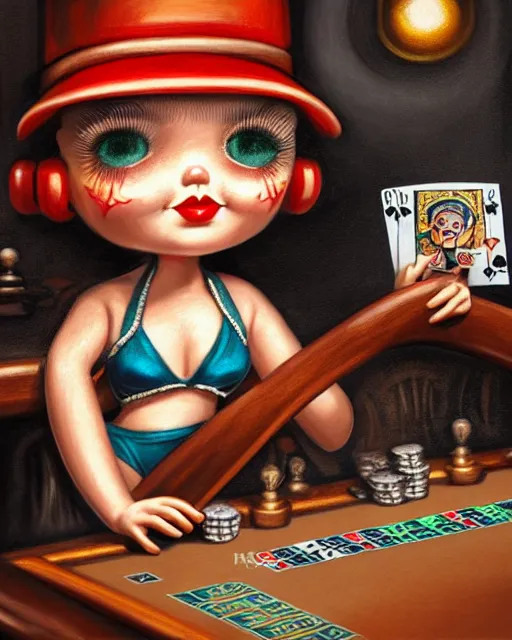 Prompt: closeup profile portrait of a tin toy as a 1 9 3 0 s gangster's moll in a gambling den, bikini, hyper realistic, artstation, illustration, nicoletta ceccoli, mark ryden, lostfish, max fleischer, digital paint, matte paint, vivid colors, bright, cheerful, detailed and intricate environment