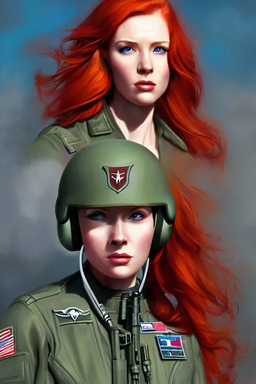 Prompt: epic professional digital portrait art of attractive redhead woman airforce pilot, 4 0 mm lens, painting, facing front, by neal adams and adam hughes, artstation, cgsociety, wlop, epic, much wow, much detail, gorgeous, detailed, cinematic, masterpiece