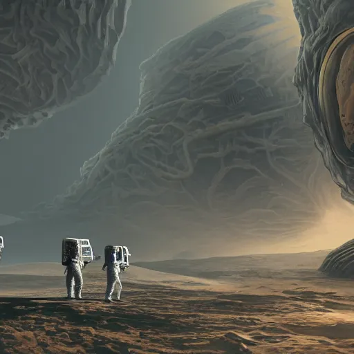 Prompt: astronauts landing on an alien planet, liminal spaces, ultra detailed render