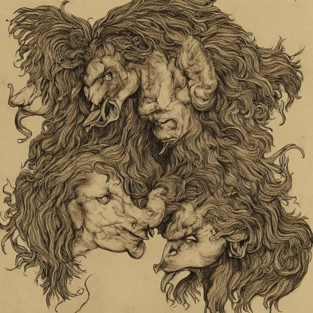 Image similar to human / eagle / lion / ox hybrid with two horns, one beak, mane and human body. drawn by da vinci