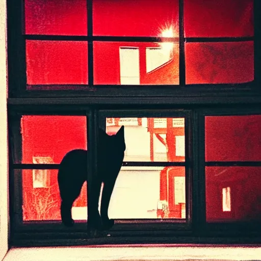 Prompt: two black cats looking through the window, red building and tree in the background, instagram, grainy picture, natural nightning