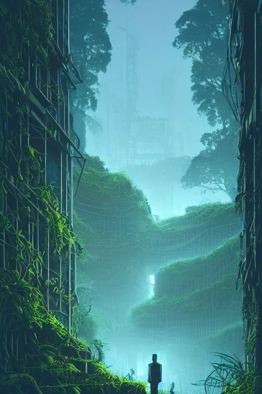 Image similar to emissary city in a jungle with a soft blue hue uder glow to the leaves, rain falling, vines, by arthur haas by james gilleard and laurie greasley, textured, cinematic matte painting, zaha hadid building, photo realism, dark moody color palate, blue hour stars, desolate glacial landscape,