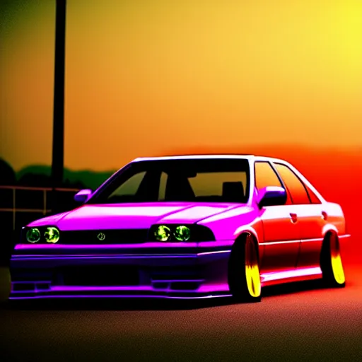 Image similar to a car JZX100 twin-turbo at illegal car meet, Saitama prefecture, city sunset mist neon lights, cinematic color, photorealistic, highly detailed, 200MM