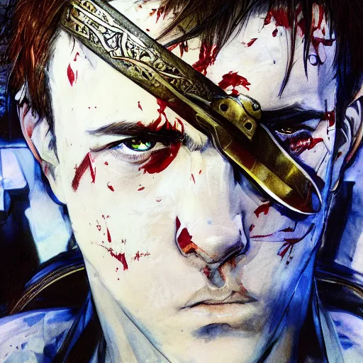 Image similar to portrait of a young white hero holding his sword next to his face covering his eye by yoji shinkawa, high quality, extra details, realism, ornate, colored, golden chain, blood, white skin, short hair, brown eyes, vivid, sunlight, dynamic, american man, freedom, white american soldier, painting