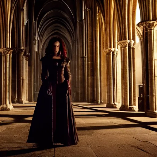 Prompt: emilia clarke as a female demon in a gloomy gothic cathedral at night
