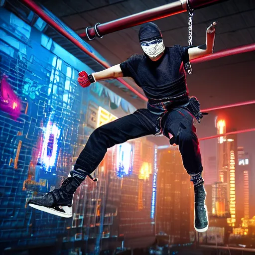 Prompt: Ninja warrior in cyberpunk style, hyper realistic, 4k, high detailed