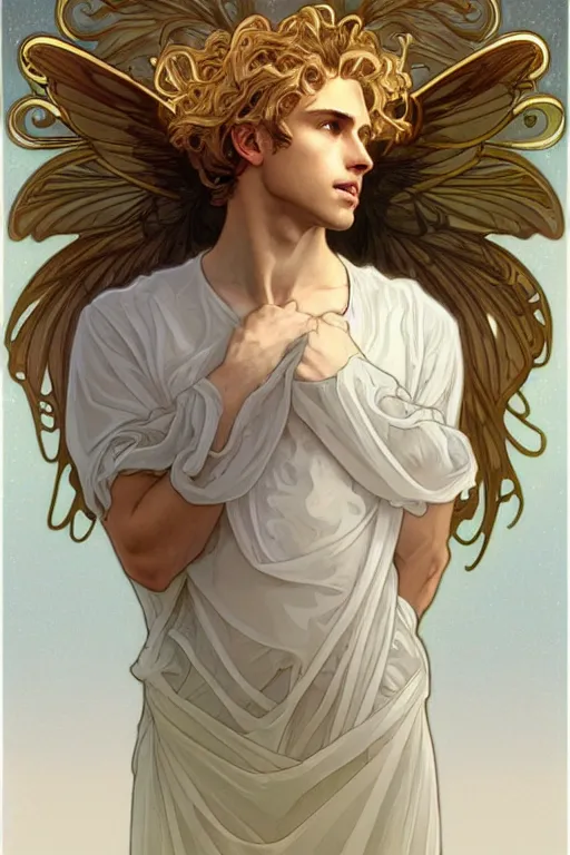 Image similar to a beautiful young fit male angel with curly blond hairs, dressed with fluent clothes, majestic symmetrical wings, luminous halo, by greg rutkowski and alphonse mucha, d & d character, gradient white to gold, in front of an iridescent background, highly detailed portrait, digital painting, artstation, concept art, smooth, sharp focus illustration, artstation hq