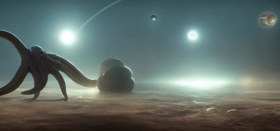 Prompt: an octopus consuming a solar system, foggy, cinematic shot, photo still from movie by denis villeneuve, wayne barlowe
