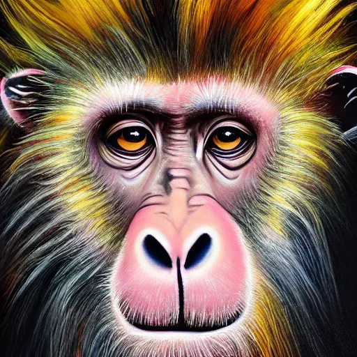 Image similar to portrait of a cute fluffy baby monkey with giraffe spots and long colorful flowing lion mane with mohawk hairstyle hybrid animal detailed painting 4 k