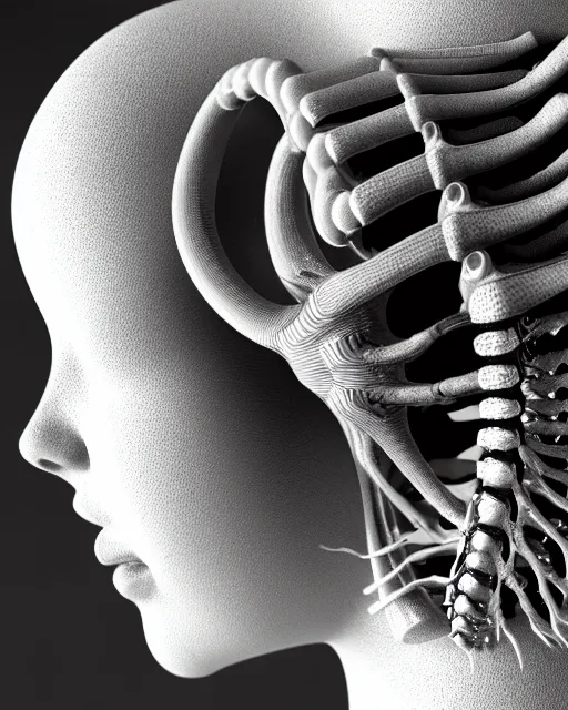 Image similar to mythical black and white organic bio-mechanical spinal ribbed profile face portrait detail of mechanical beautiful female angelic-vegetal-cyborg, highly detailed, intricate steampunk ornate, poetic, 3D render, digital art, octane render, 8K artistic photography, photo-realistic, by Dora Maar