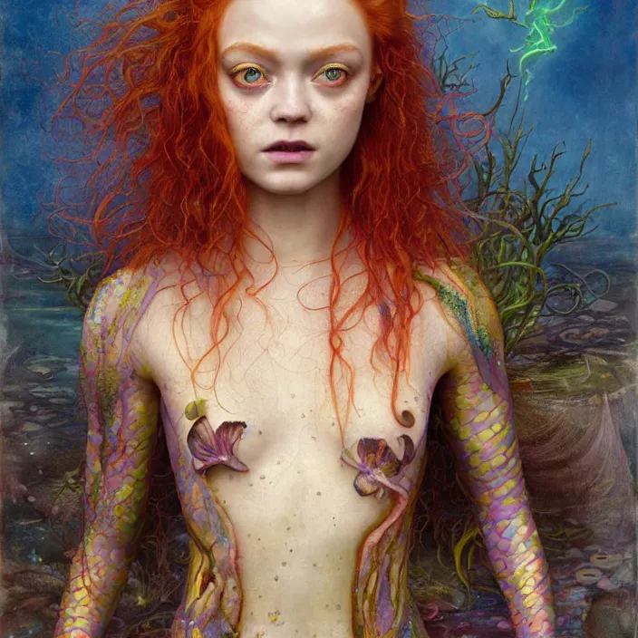 Prompt: a portrait photograph of sadie sink as a brightly colored mermaid alien hybrid with wet mutated skin. wearing an growing organic catsuit. by tom bagshaw, donato giancola, hans holbein, walton ford, gaston bussiere, brian froud, peter mohrbacher and magali villeneuve. 8 k, cgsociety