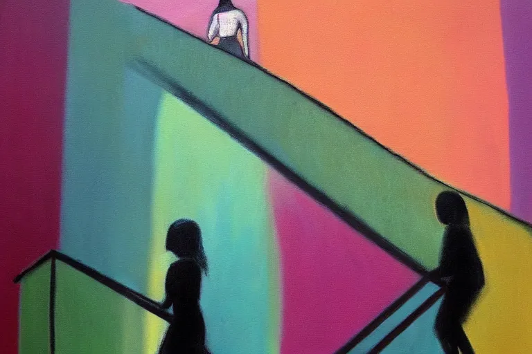 Prompt: A oil on canvas painting of a figure walking up the stairs into a mysterious room with a mysterious light, pastel colours, vibrant, happy, uplifting,