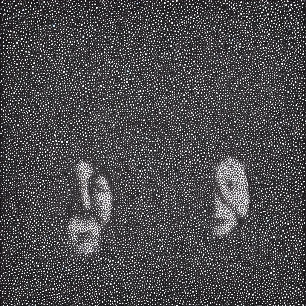 Image similar to face made out of planet, faceless people dark, dots, drip, stipple, pointillism, technical, abstract, minimal, style of francis bacon, asymmetry, pulled apart, cloak, hooded figure, made of dots, abstract, balaclava