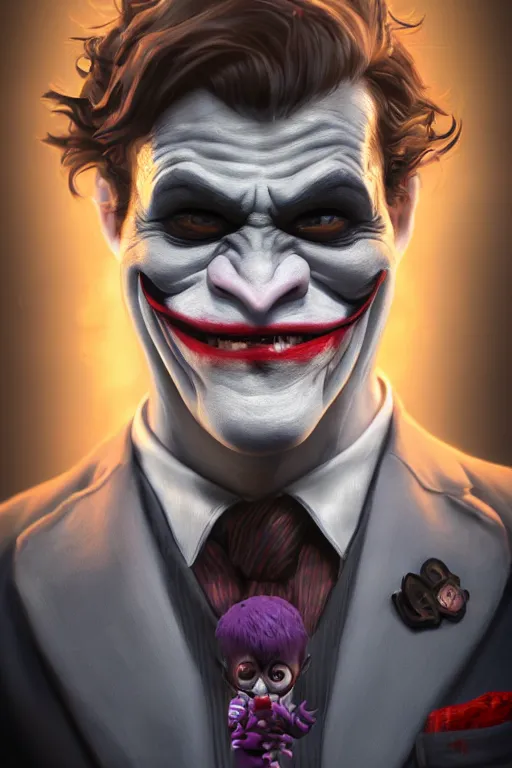 Image similar to portrait of a cute adorable miniature Joker but he's an ape kid in a business suit, realistic and ultra intricate detailed soft painting, symmetrical, volumetric lighting, mist, Artstation, unreal engine, depth of field