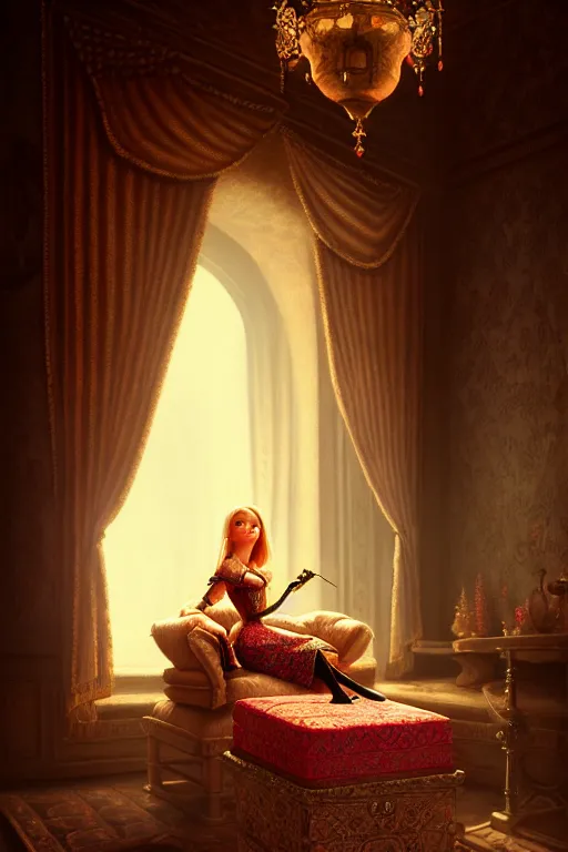 Image similar to insanely detailed painting of a beautiful lady in a castle on an ottoman, in the style of peter morbacher, dramatic lighting and composition, octane rendering, pixar, trends on artstation, concept art
