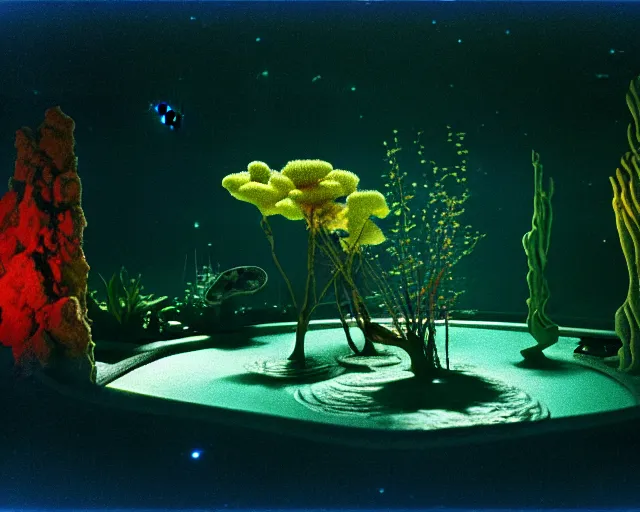 Image similar to low angle shot of a space port at night, aquatic plants, coral, shabby chic, cinematography by Jim Jarmusch, composition by Hale Woodruff,in the style of Nan Goldin, set design by Antonin Gaudí, 35mm, graflex, color film photography