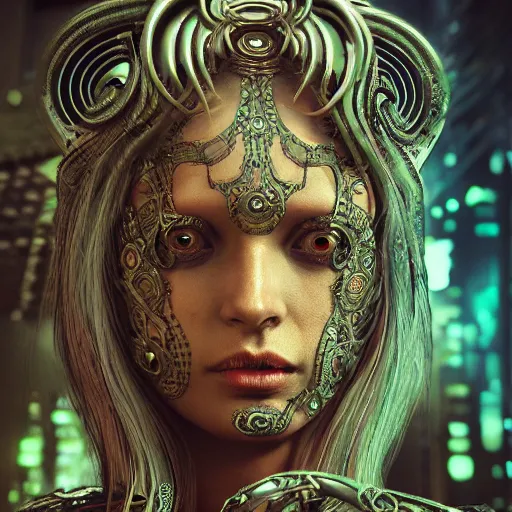 Image similar to Cyberpunk medusa, dark atmosphere, cinematic shot, intricate, ornate, photorealistic, ultra detailed, realistic, 35mm, photography, neon, octane, high definition, depth of field, bokeh, 8k, artstation, ((alphonse mucha)), (hr giger)