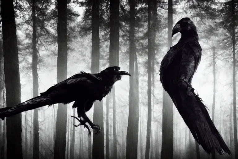 Image similar to werecreature consisting of a crow and a human, photograph captured in a dark forest