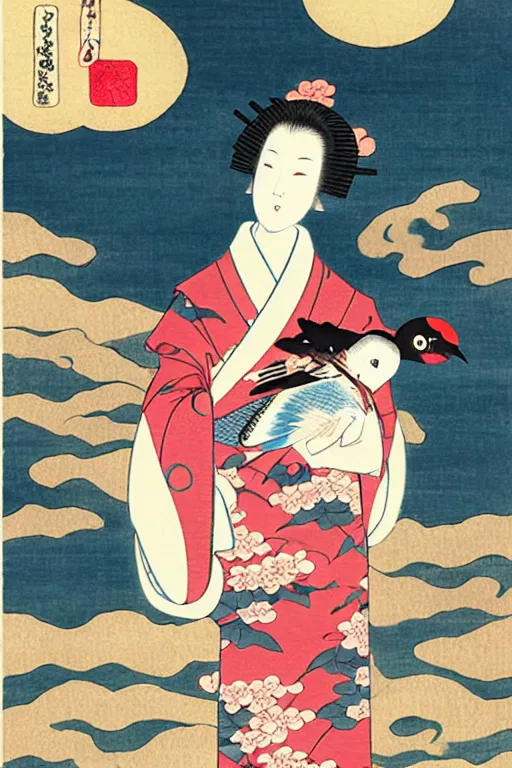Image similar to a woman in a kimono is holding a bird, a storybook illustration by Yuumei, tumblr contest winner, ukiyo-e, tarot card, storybook illustration, digital illustration