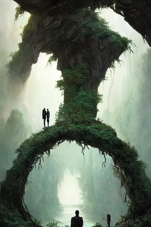 Prompt: movie poster for award winning move staring, tom cruise and hillary clintona beside large rock arch is a portal to another dimension, surrounded by misty forest, people wait to enter, D&D, fantasy, intricate, highly detailed, digital painting, artstation, concept art, smooth, sharp focus, illustration, art by artgerm and greg rutkowski and alphonse mucha