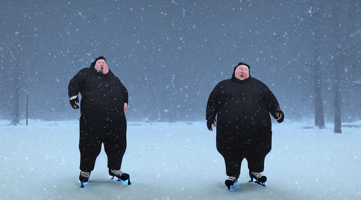 Image similar to a portrait of a fat man on the ice, using weighted vests, snowstorm, flat design, screen print by Kawase Hasui and dan hillier, 8k unreal engine