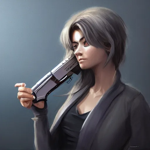 Prompt: a girl wearing a business, she has grey hair and is holding a revolver, digital painting, smooth, hd, realist, artstation, deviantart