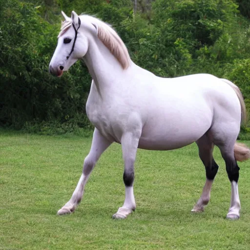 Image similar to a hyper obese horse. The horse is so fat that his legs can’t touch the ground