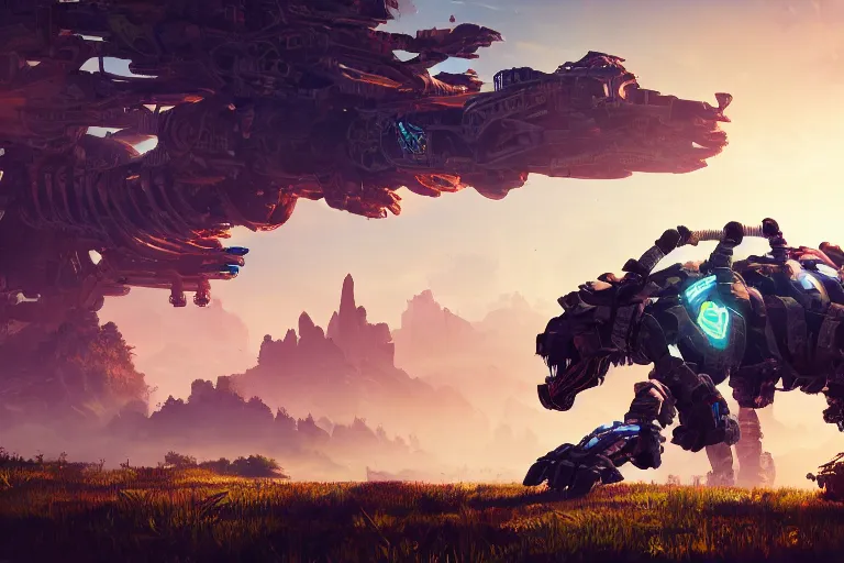 Image similar to tideripper machine mecanical creature robot of horizon forbidden west horizon zero dawn radiating a glowing aura global illumination ray tracing hdr fanart arstation by ian pesty and alena aenami artworks in 4 k