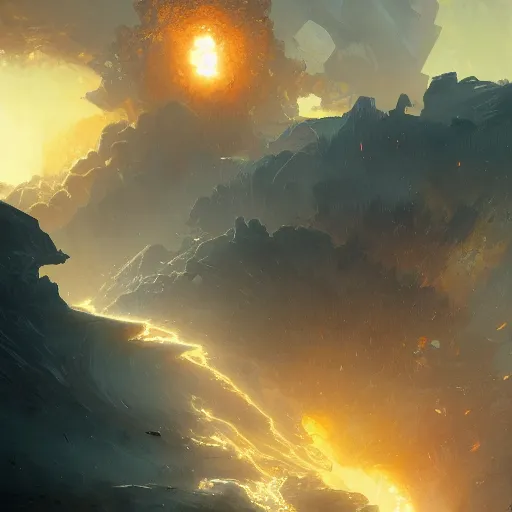 Image similar to Earth exploding in fragments, epic digital painting, artstation, concept art, sharp focus, illustration, art by greg rutkowski and alphonse mucha