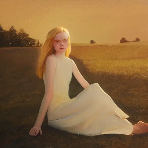 Prompt: Elle Fanning as an Android, oil on canvas, golden hour, artstation, by Andrew Wyeth and Edward Hopper,