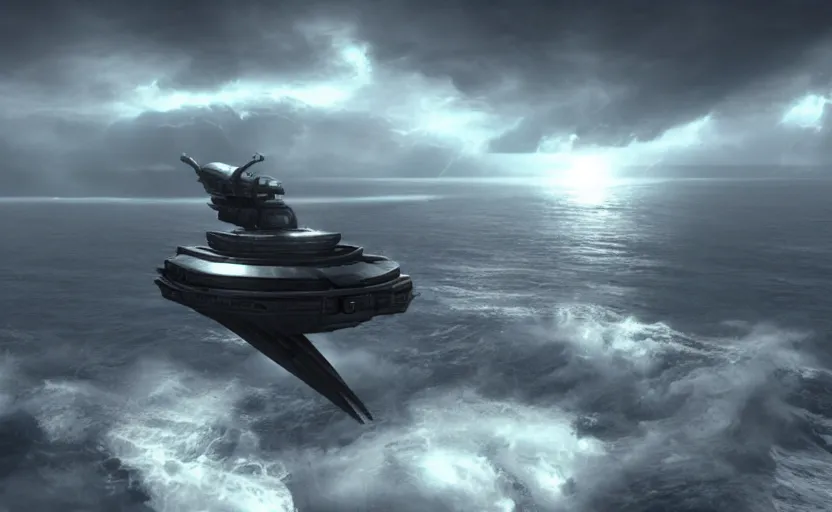 Prompt: a small, symmetrical alien ship flies above a stormy ocean, sci-fi concept art, unreal engine 3d