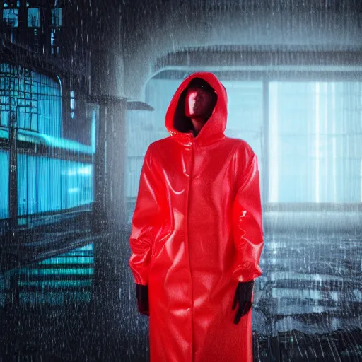 Image similar to woman in plastic raincoat with hood, rain, cyberpunk, futuristic city, hyper realistic, neon, rendered in octane, 8k