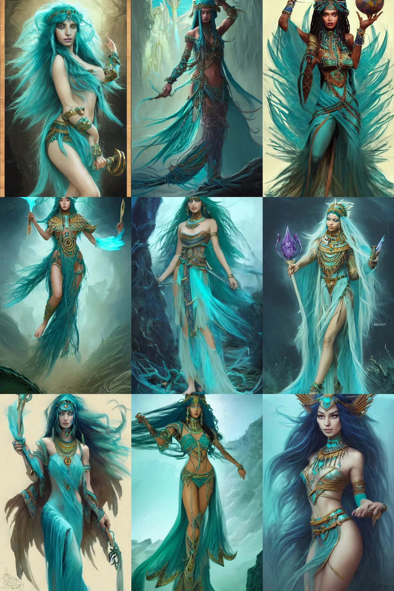 Prompt: beautiful sorceress female with teal colored skin, full body shot, long hair made of seaweed, egyptian clothing, with a wooden stuff, d & d, fantasy, hunterintricate, elegant, highly detailed, digital painting, artstation, concept art, matte, sharp focus, illustration, hearthstone, art by artgerm and greg rutkowski and alphonse mucha