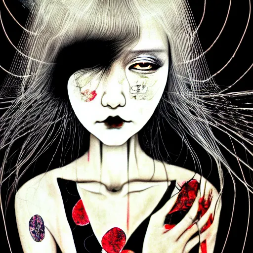 Image similar to yoshitaka amano blurred and dreamy realistic three quarter angle portrait of a woman with long white hair, black eyes and black lipstick wearing dress suit with tie, junji ito abstract patterns in the background, satoshi kon anime, noisy film grain effect, highly detailed, renaissance oil painting, weird portrait angle, blurred lost edges