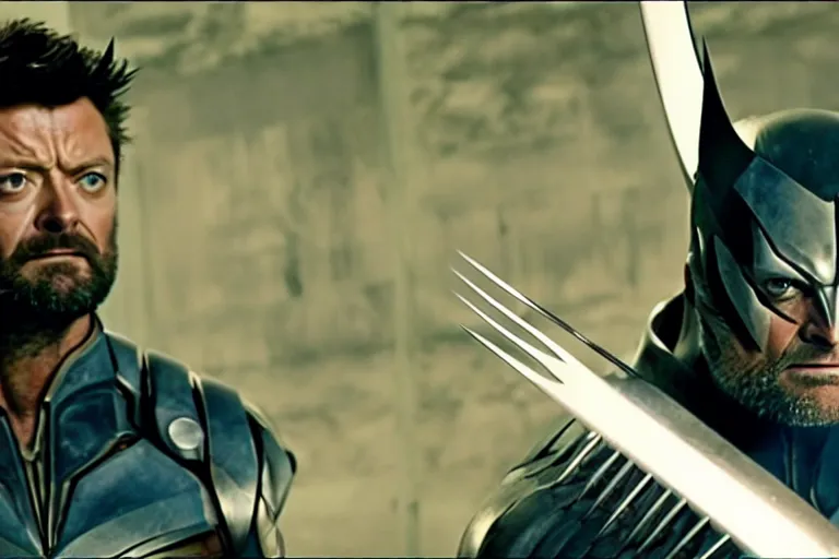 Image similar to film still frame of karl urban as wolverine, beard, wolverine's face, wolverine's claws, adamantium, high quality