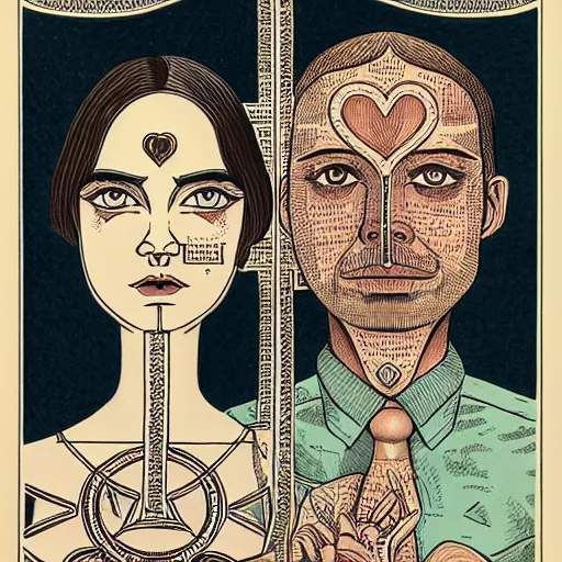 Image similar to perfectly centered symmetrical split male and female portrait of man and woman in love sharing one heart. illustration, highly detailed, simple, no jagged lines, smooth, artstation, artwork by ravi zupa