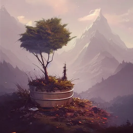 Image similar to low angle shot of a tree growing inside a trash - can in the foreground. overgrown. soft night - time over the mountains in the background. clouds. highly detailed, cinematic, beautiful, cgsociety, artstation, oil painting by greg rutkowski, by artgerm, by wlop