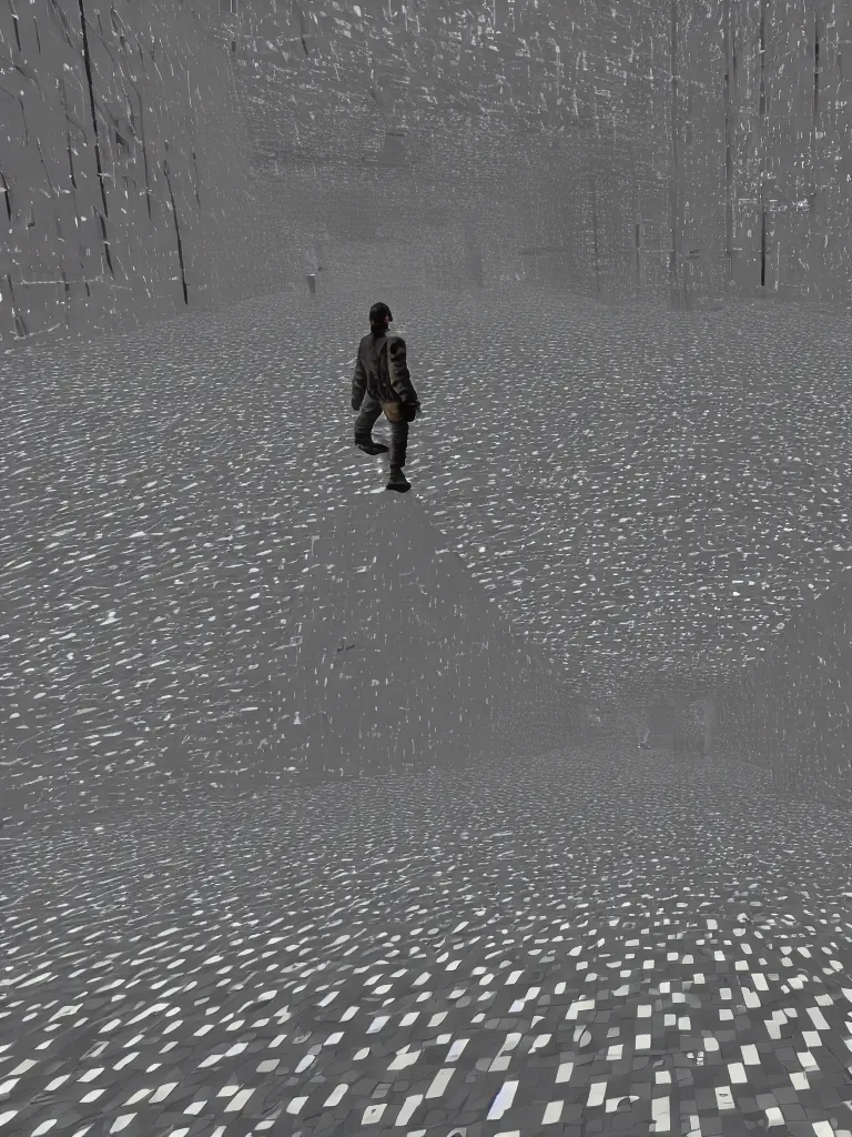 Prompt: PS1 game, man walking in city third person, static white noise glitching in the sky