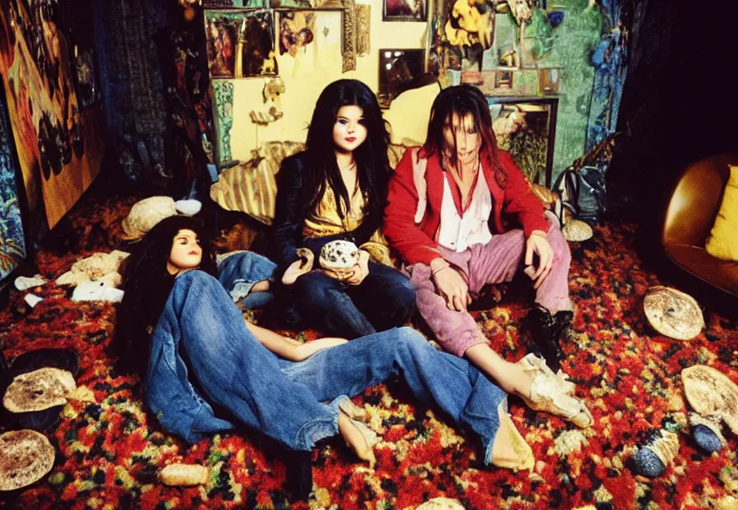 Image similar to Selena Gomez and Young Johnny Depp eating mushrooms and tripping in a shag carpet house, photograph: Annie Leibovitz